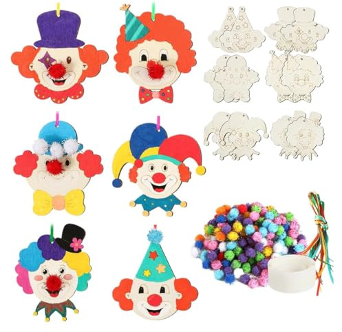 OIXYEY 1 Set Colgante De Payaso De Circo, Colgantes De Madera De Carnaval, Madera Para Pintar, Juego De Manualidades Para Niños Con 100 Pompones De Colores, Para Colgar Árbol De Puertas, Ventanas A