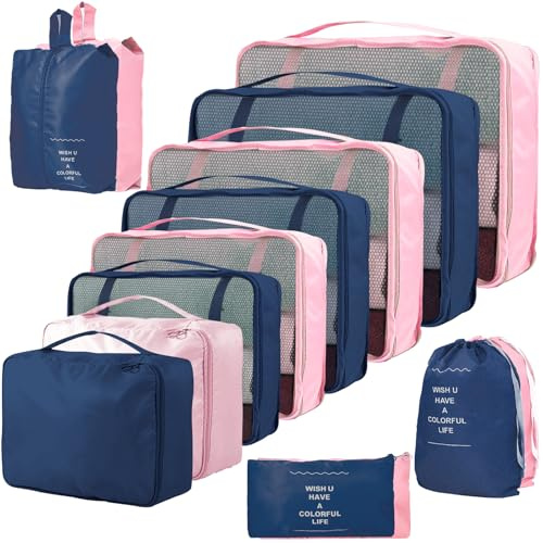 14-teilige Zweifarbige Koffer Organizer, Kofferorganizer Reisezubehör – Packwürfel, Packing Cubes & Packtaschen, Ordnungssystem für Koffer bei Urlaub & Reisen (14, Navy & Pink)