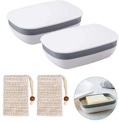 Queta 2Pcs Boîte à Savon Porte-Savon Plastique pour Salle de Bain Voyage Randonnée Camping avec 2pcs Sac à Savon en Sisal (Type 1)