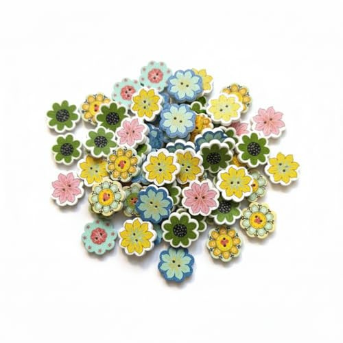 30 edle Holzknöpfe mit Blumenmotiv 20x20mm bunt 2-Loch rund Knopf Knöpfe Holzknopf zum basteln nähen scrapbooking Jackenknöpfe Blumenform Bastelknöpfe