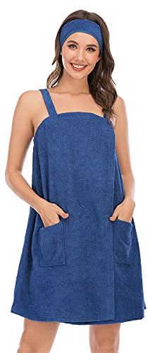Jamron Mujer Vestido de Toalla de Baño Ajustable con Diadema para Ducha Snuna SPA y Playa Azul Marino S