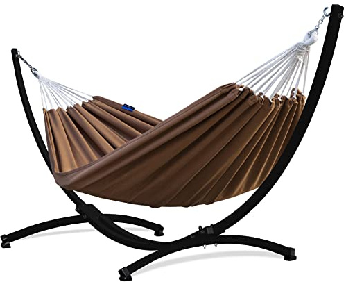 Potenza Outdoor Hängematte mit Gestell für 2 Personen I Baumwolle Doppelhängematte XXL 220x160, 200kg I Hängemattengestell 220kg, wetterfest (Toffee, Gestell Schwarz)