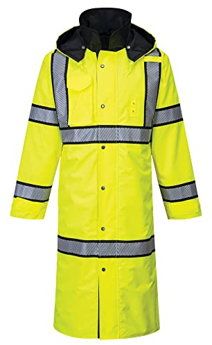UH447 Waterproof Reversible Raincoat Hi Vis Reflective Long Safety Rain Jacket Yellow/Black, Large
