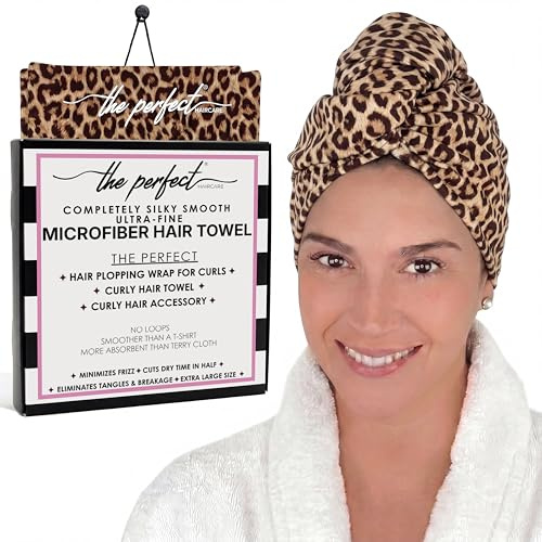 THE PERFECT HAIRCARE Asciugamano per capelli in microfibra da donna, turbante assorbente ad asciugatura rapida, per capelli ricci e lunghi, per ragazze e bambini, anti crespo (leopardo)