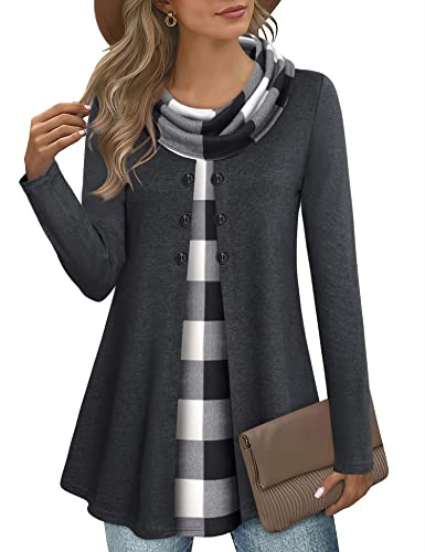 Gaharu Winter Pullover für Damen Lang Oversize Elegant Große Größen Damenpullislangarm Longbluse Langarm Lässig Tunika in A-Linien Form Longsleeve Schwarz Weiß Kariert,XL