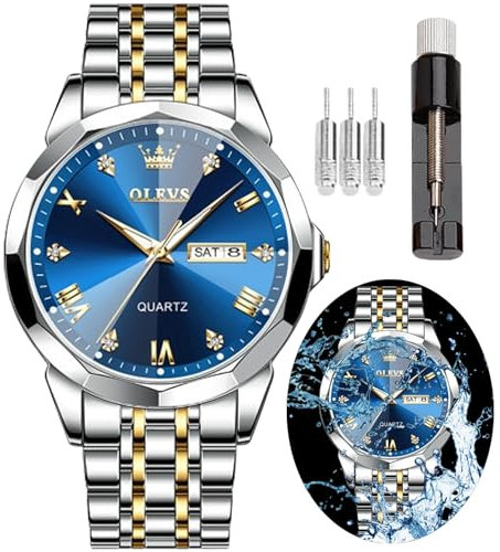 OLEVS Armbanduhr für Herren, Diamant, Business-Kleid, analog, Quarz, Edelstahl, wasserdicht, leuchtendes Datum, zweifarbig, luxuriös, blaue Armbanduhr für Herren, Blaue Armbanduhr für Herren