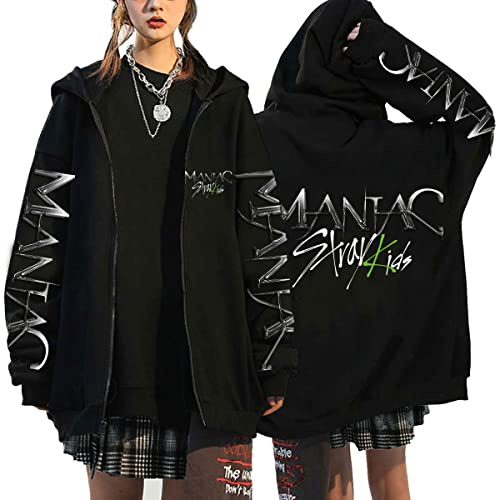 NCTCITY Herr dam huvjacka Stray Kids Y2K huvtröja med dragkedja MANIAC tryck lös fritid streetwear tröja långärmad topp överdimensionerad sweatshirt BangChan Hyunjin Han Felix Seungmin I.N, Svart –
