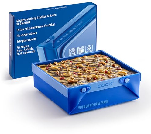 coox WUNDERFORM Frame SQ - die faltbare Kastenform mit Metallverstärkung - Backen & Servieren in Einem I Antihaft-Silikon I Spülmaschinenfest I Kein Stürzen I BPA-frei Blau