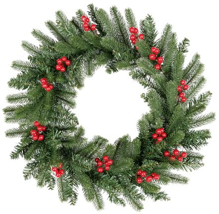 Weihnachtskranz für die Haustür mit 12 roten Beeren, 120 Kiefern Blattspitzen, künstliche Weihnachtsgirlande aus PVC+PE, hängender Kranz, Weihnachtsdekoration für Innen Außen Fenster Kamin Wand