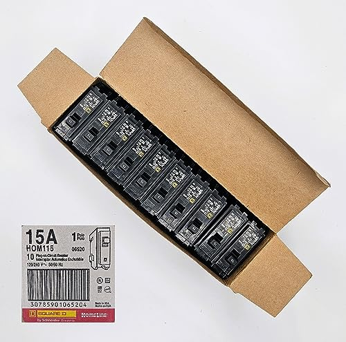 Square D HOM115 Circuit Breaker, 10 Pack, Homeline, 15 Amps, 120 Volts, UL Listed, 1 Pole, 10kA AIR, Standard Type, Plug in, Qty 10