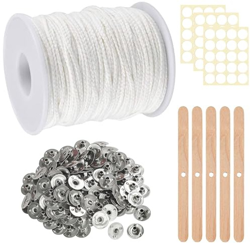 Giugio 61m Kerzendocht, Docht Rauchfrei Kerzen Docht, Natürlichen Candle Wick, Cotton Candle Wick Kerzendocht mit 100 Stück Dochthalter für DIY Kerzenherstellung Weihnachten Aromatherapie