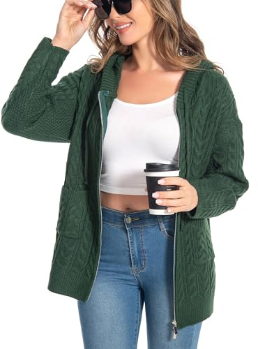 shineflow Donne con Cappuccio Facile Oversize Cavo Cerniera Cappotto Cardigan a Maglia Maglia Tinta Unita Maglione Casual (Verde Scuro,L)