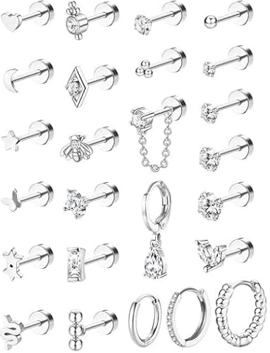 FIOROYAL 25Pcs 20G Helix Piercings Chirurgenstahl Ohrringe Piercing Set Für Damen 14K Vergoldet CZ Flat Back Ohrstecker Set Klein Ohrringe Creolen Conch Grün Tragus Knorpel Piercing Ohr Schmuck S