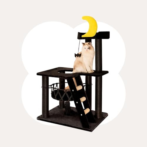 Happy&Polly Gothic Cat Tree- Black Cat Tower with Spacious Private Basket Bed, Natural Sisal Scratch Post& Climbing Ladder with Hanging Bat Toy,Multi-Level Cat Activities Furniture for Perching