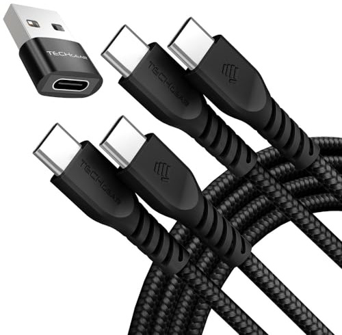 TECHGEAR Cavo caricabatterie da USB C a USB C 60 W (1 M+1 M+adattatore) Cavo intrecciato FORTE da tipo C a C Cavo dati a ricarica rapida compatibile con iPhone 15, iPad Pro 2022, iPad 10th 2022, MacBo