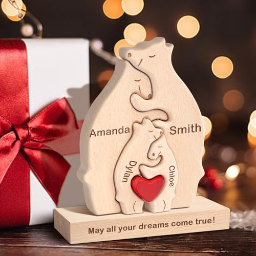 Personalisiertes Holzkunstpuzzle der Bärenfamilie mit 1-8 Namen,Holz Bär Tier Skulpturen Desktop Ornament Heim Büro Tischdekoration Ideen für Weihnachts Jubiläum Muttervatertag Geburtstag