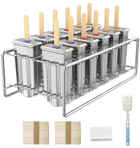 TOCCOOL 12 Pack Stainless Steel Popsicle Molds with Holder, Reusable Ice Pop Maker Set, Fast Freezing Ice Lolly Molds for Homemade Frozen Treats with Wooden Sticks & Storage Bags (Rounded Square)