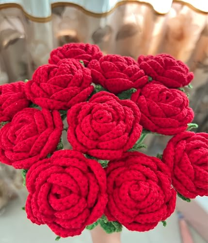YOFANUP Crochet Flowers, Crochet Roses for Valentines Day, DIY Crochet Flower Bouquet, Finished Handmade Flower, Artificial Flowers, knitted Red Roses for Valentines Day (4, Red)