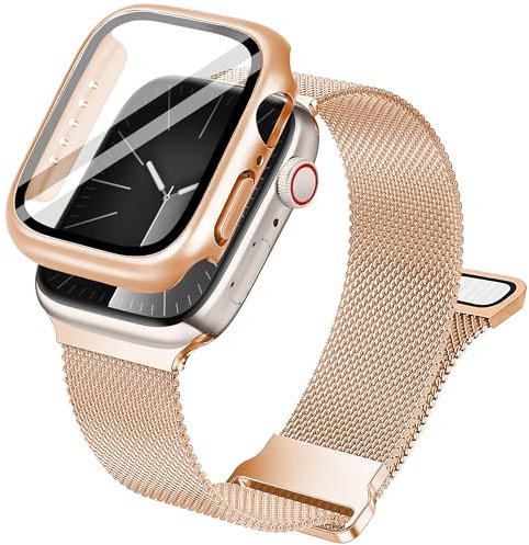 Ocaer Kompatibel mit Apple Watch Armband 41mm mit Hülle, Metall Magnetisch iWatch Armband mit Bildschirmschutz für Apple Watch Series 9 8 7, Edelstahl Milanese Loop (Rosegold, 41mm mit Hülle)