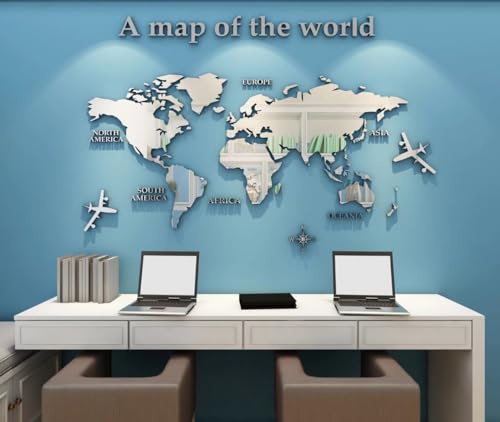 Shuanghao Adesivo Stickers Poster Murali Wall Decorazioni 3D Mirror Art Frasi Scritte Specchio Cartina Per Bambini,Soggiorno,TV Par,Ufficio Mappa del Mondo Adesivi Stickerdecal Murale Argento 230*120