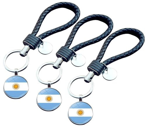ZENRUIMING 3 llaveros de cuero tejido a mano con la bandera de Argentina, recuerdo de fútbol, baloncesto, pelota de tenis, recuerdo de viaje de Argentina, Bandera Argentina, talla única