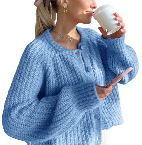 Wyeysyt Womens Cardigan Sweater Button Down Long Sleeve Chunky Soft Knit Sweater Fall Open Front Loose Casual Cardigan Coat, Blue, Small