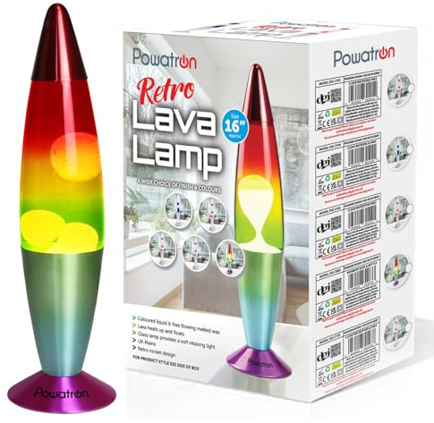 Powatron Lava Lamp 16 Retro Liquid Motion Lamp for Kids & Adults – Rainbow Decorative Mood Lighting Night Light with Bulb & UK Mains Plug Soothing Motion Mood Lamp