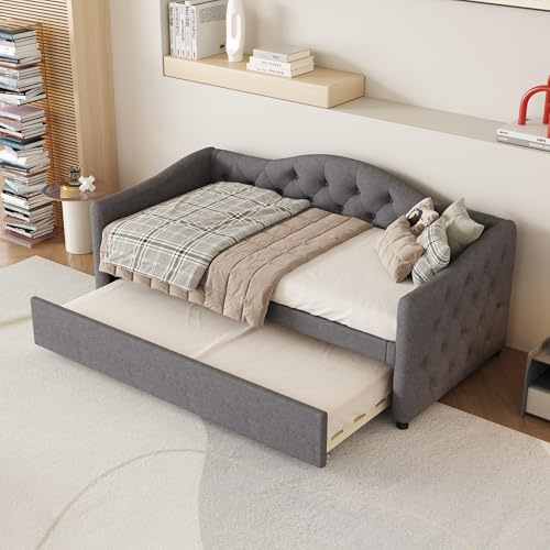 Zravenna Tagesbett 90x200 mit Lattenrost, Sofa Bed mit Ausziehbarem Bett,Schlafsofa Ausziehbar, Sofa Bett mit schlaffunktion, Leinen, Grau