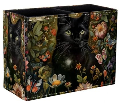 Eslifey Pen Holder Square Pencil Holder for Desk, Black Cat Flowers Butterfly Pen Pot Pen Cup Makeup Brushes Holder Stand Display Desk Stationery Organiser for Home Office School