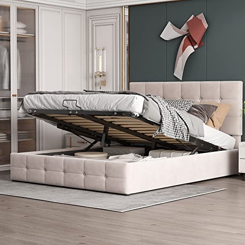 Gegtuon Bett 140x200 mit Stauraum, Samt, Cremeweiß, ohne Matratze | Doppelbett mit Kopfteil, Stauraumbett mit Hydraulischer Stauraum, Mit Lattenrost, Für Schlafzimmer, Bettgestell