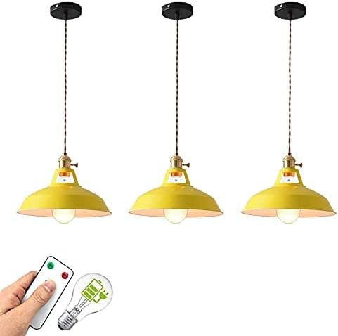 OJXIER Iluminación Colgante para Isla de Cocina, Paquete de 3 Luces Colgantes Modernas, luz Colgante Que Funciona con batería con Bombillas remotas Recargables de 400 lúmenes (Color: Rosa) (Amarillo)
