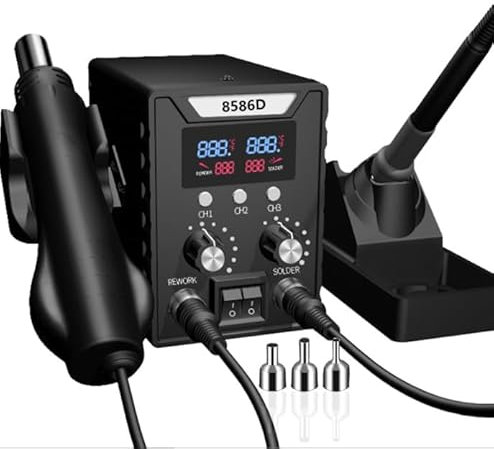 Stazione di saldatura ad aria calda, stazione saldatore, 2 in 1 con temperatura regolabile 100 – 500 °C, quantità d'aria regolabile, controllo della temperatura PID, funzione di avvio/arresto auto, 3