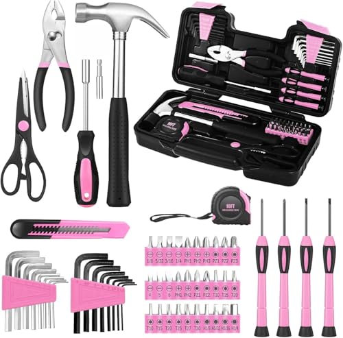 KASAFE Kit d'outils de réparation de base rose de 57 pièces pour la maison, petit kit d'outils à main avec boîte à outils en plastique pour femmes, bureau et université