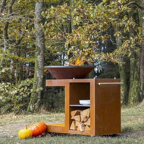 L'Héritier Du Temps Braséro Moduléo Céramique Ø98cm Actuel Plancha Braséro Acier Corten Barbecue Extérieur 98x106,5x131cm