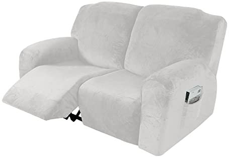 Samt-Sofabezug für 2-Sitzer-Sofa, dick, dehnbar, Zweisitzer-Schonbezug mit Seitentasche, rutschfest, elektrisch, Weiß