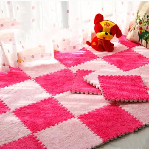 HCZKIUJY Splice-Ineinander greifender Teppich, ineinander greifende Teppichfliesen, schneidbar, für Kinderzimmer, Veranden, Schlafzimmer, quadratische Bodenmatten aus Plüschschaum,Pink+Rose Red-36pcs