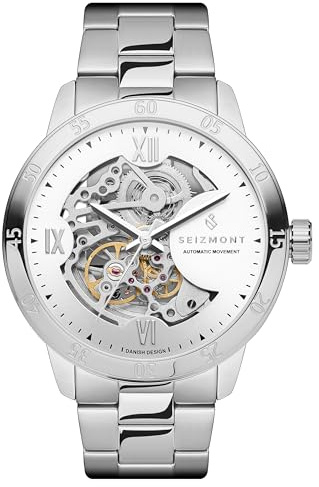 Seizmont Montre pour homme - Montre-bracelet pour homme automatique - Montre squelette gris gunmetal - Acier inoxydable 316L et verre saphir, argenté, Bracelet