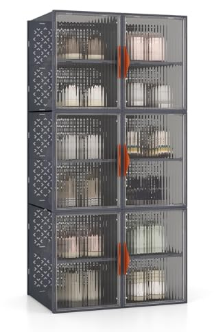 COSTWAY 12 er Set Schuhboxen, Schuh-Organizer stapelbar aus Kunststoff, Schuhregal faltbar mit Deckel, Schuhaufbewahrung für Eingang Wohnzimmer, transparent-grau, 49 x 32 x 133 cm