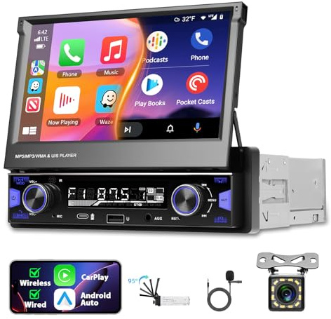 Motorsi 1 Din Carplay Autoradio con Bluetooth, 7 1Din Auto Radio con Schermo Retrattile, Stereo con Android Auto/MirrorLink/FM/AM/USB/Tipo-C/AUX/EQ/SWC/Retroilluminazione a colori+Telecomando