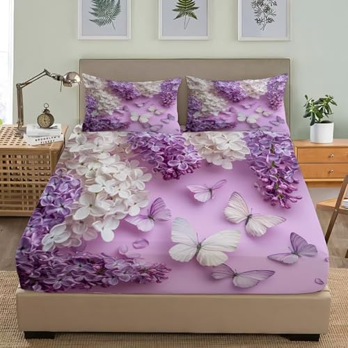 Sábana Bajera 160x200 cm Ajustable Bolsillo Profundo 30 cm Flores Y Mariposas RomáNticas Conjunto de Ropa de Cama Morado 3 Piezas Microfibra cepillada Suave Sábana Ajustable