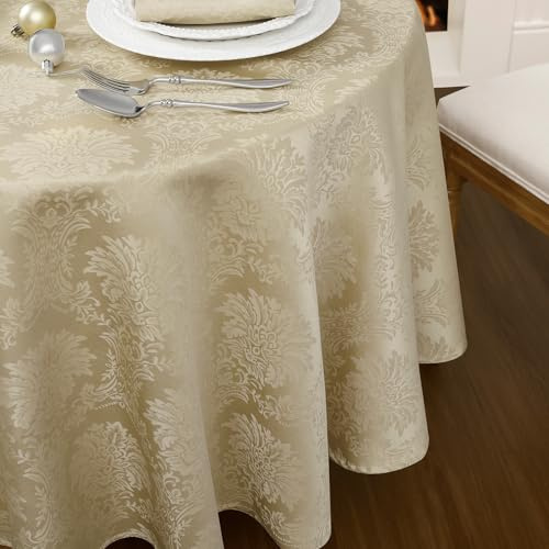 Romanstile Tischdecke Outdoor rund Beige 160 cm, Abwaschbare Jacquard-Tischdecke Blumen Damast Vintage Barock Wasserabweisend elegant für Spring,Frühling,Ostern,Hotel,Ferien,Geschenke,Esstisch,Party