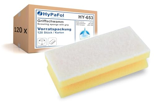 HypaFol Bad Schwamm gelb-weiß 120 St. I Putzschwamm groß für Bad & empfindliche Oberflächen I Kalkschwamm Bad Set für Waschbecken, Spiegel, Duschkabinen I XL Reinigungsschwamm Bad mit 5mm Scheuerseite