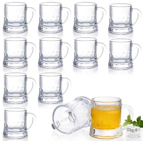 Futtumy 2 OZ Mini Beer Mug Shot Glasses with Handles, Mini Beer Shot Glass for Christmas Party Birthday BBQ, Beers Mugs for Freezer Men Women Father Dad Beers Whiskey, Shot Glasses Bulk(12 PCS, Glass)