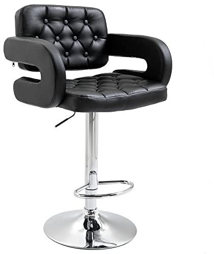 HOMCOM Tabouret de Bar pivotant à 360°, Chaise de Bar réglable en Hauteur avec Dossier rembourrée, Repose-Pieds et accoudoirs, Chaise Haute Cuisine en PU et métal pour Salle à Manger, comptoir, Noir