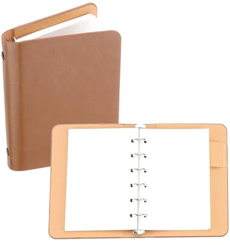 VMDVBNA notebook 1/2Pack A7 Leather Notebook Binder 6 Ring Cover Mini Refillable Loose Leaf Diary Personal Planner with 50/100Sheets Paper(Brown 1Pcs)