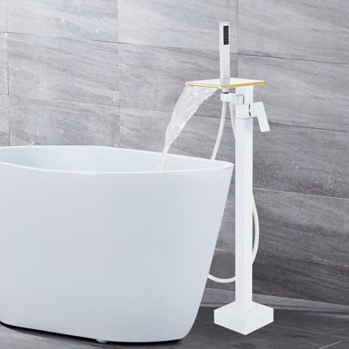 Robinet de baignoire autoportant avec cascade et douche à 360 ° double mode rotatif à 360 ° Design blanc moderne Installation facile pour une mise à niveau de salle de bain de luxe