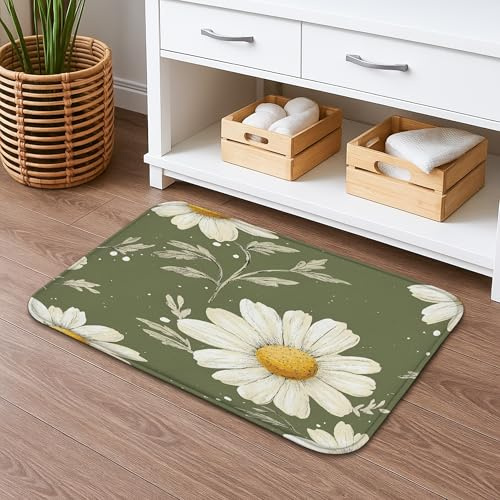 Tapete de baño floral de secado rápido con diseño floral de crisantemo, tapete de ducha antideslizante con flores verdes vintage, tapete decorativo de franela lavable para baño, inodoro, baño, 20 x 32