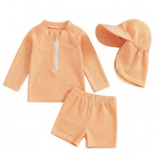 JiAmy Maillot de Bain bébé garçon avec Chapeau, Ensemble 3 pièces Anti-UV zippé, Orange, 6-9 Mois