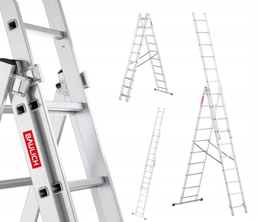 Baulich - Mehrzweckleiter 3in1 - Treppenleiter, Anlegeleiter & Stehleiter - Aluleiter Ausziehbar - 3x10 (Stufen) Vielseitig, Klappbar, Bis 150kg, Für Arbeiten Im Haus und Garten, Leicht 13,5kg, Silber