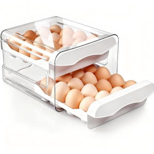 txuzong Huevera para 32 huevos – Huevera de plástico transparente para el refrigerador – Cajón para huevos con tapa que ahorra espacio para guardar huevos frescos – Blanco/Transparente